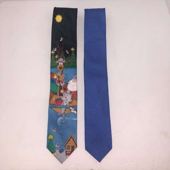 2 Ties -Holiday Traditions Hallmark Reindeer Fishing w/Santa & Chaps PolkaDot - Picture 2 of 8